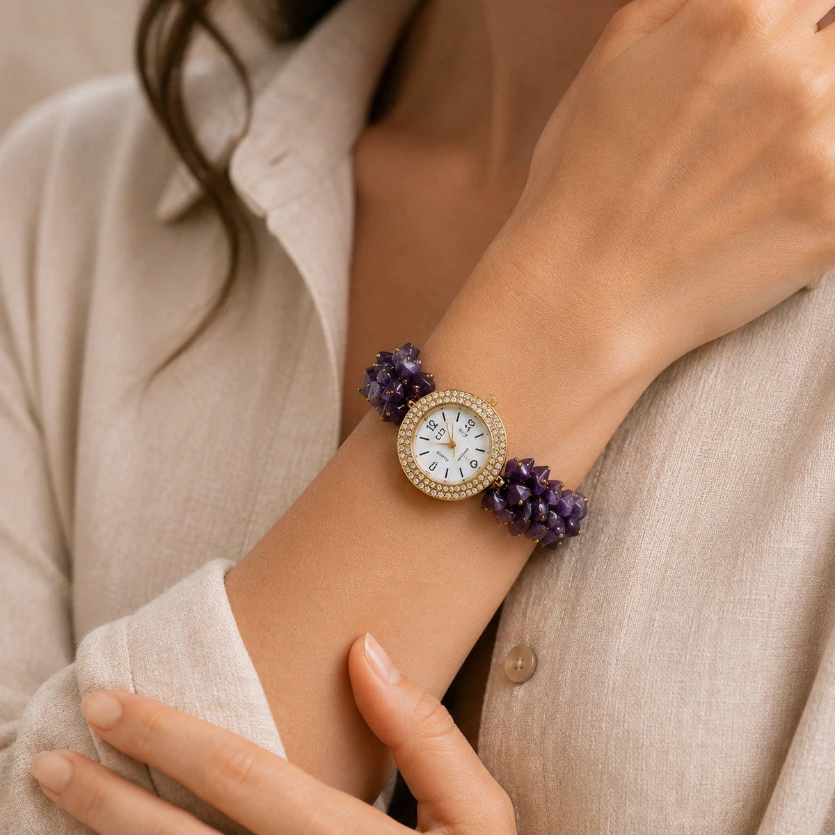 Natural Amethyst Stone Chips Watch | Purple Crystal Wrist Watch