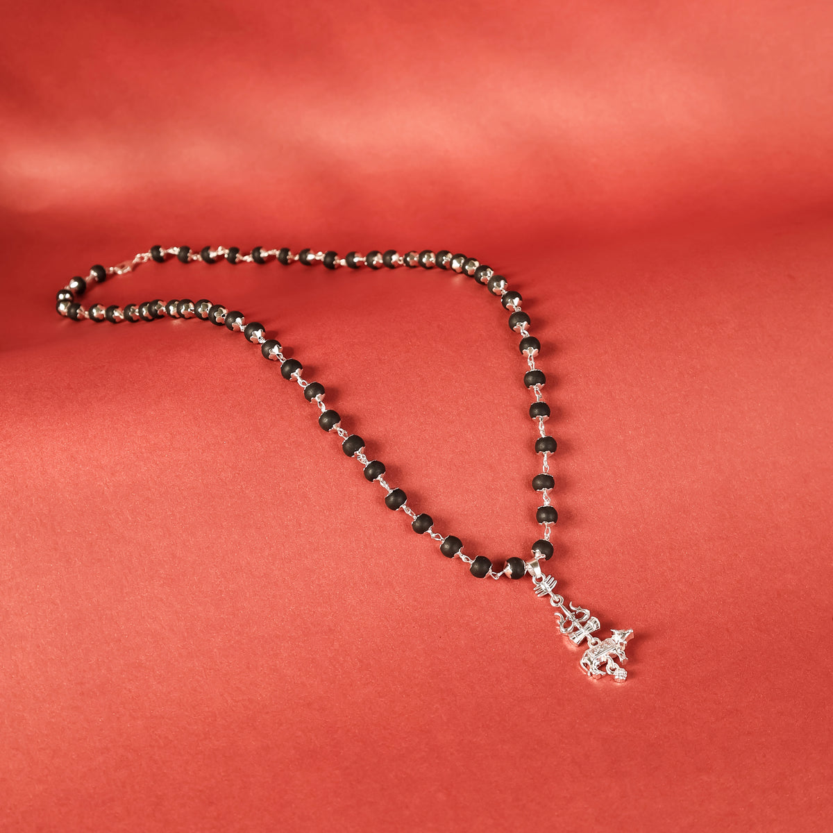 Silver Capped Karungali with Trishul Nandi Pendant with FREE Karungali Bracelet