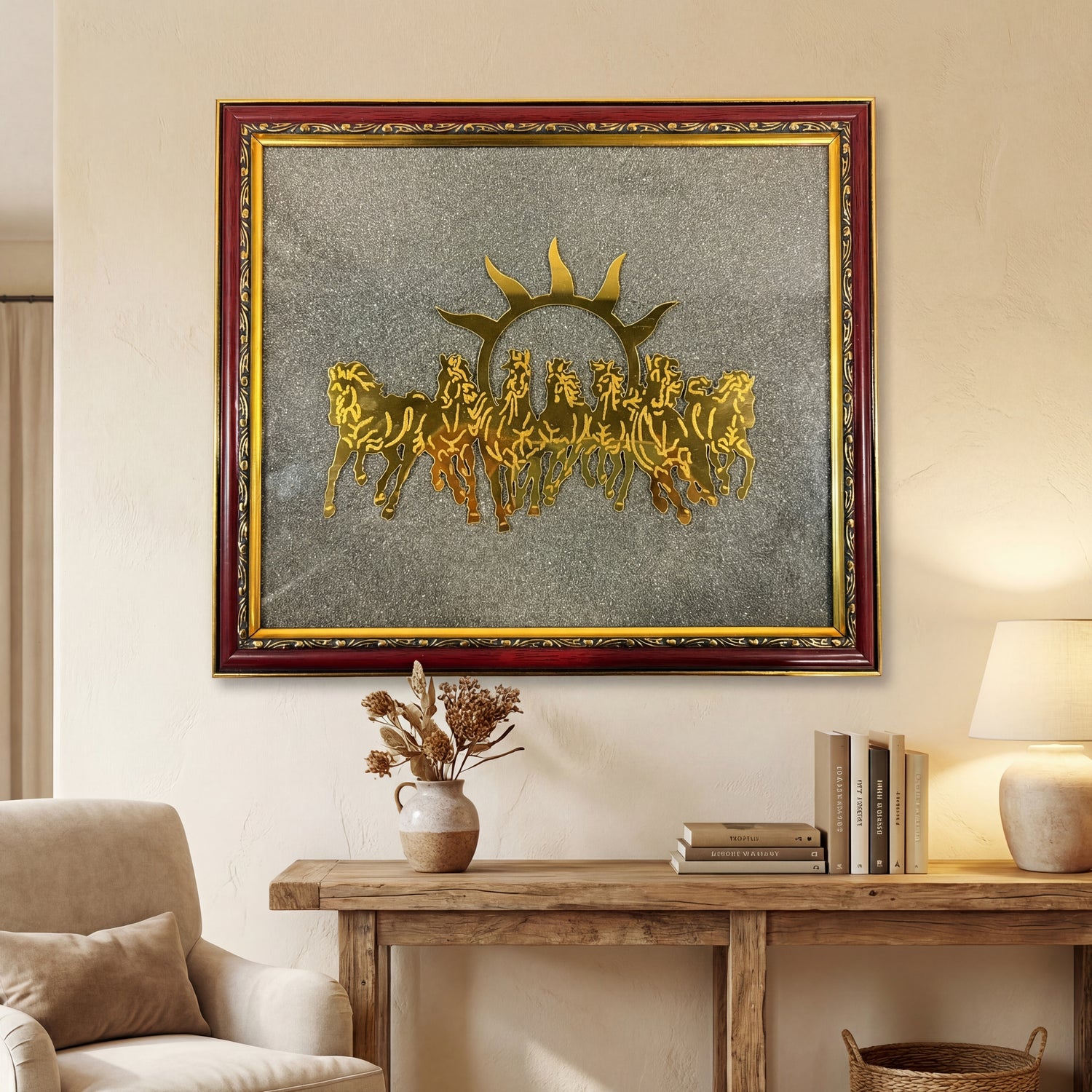 7 Horses Raw Pyrite Frame for Vastu & Prosperity - Large Size (12*12 inch)