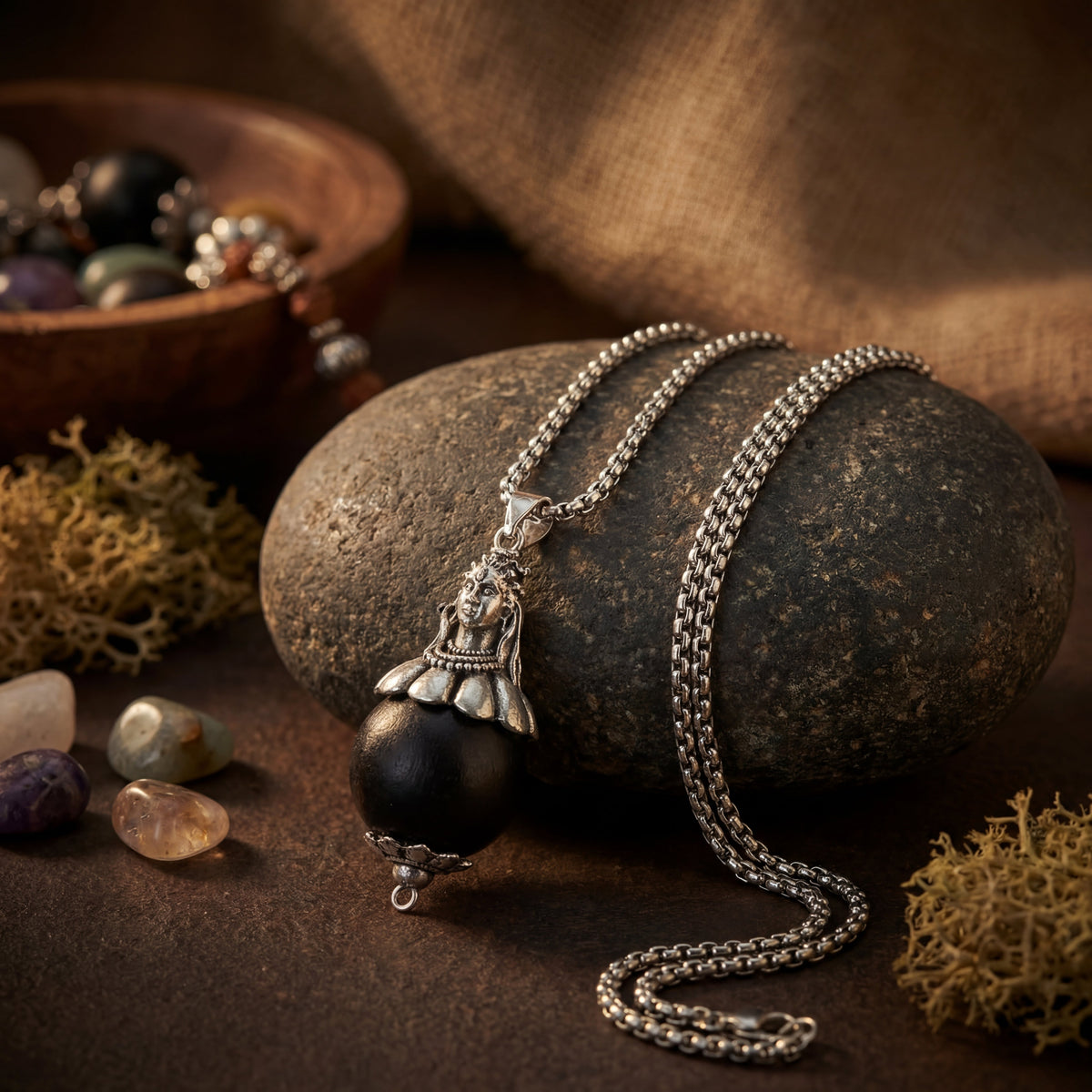 Karungali Bead with Adiyogi Pendant in Silver Chain - view 7