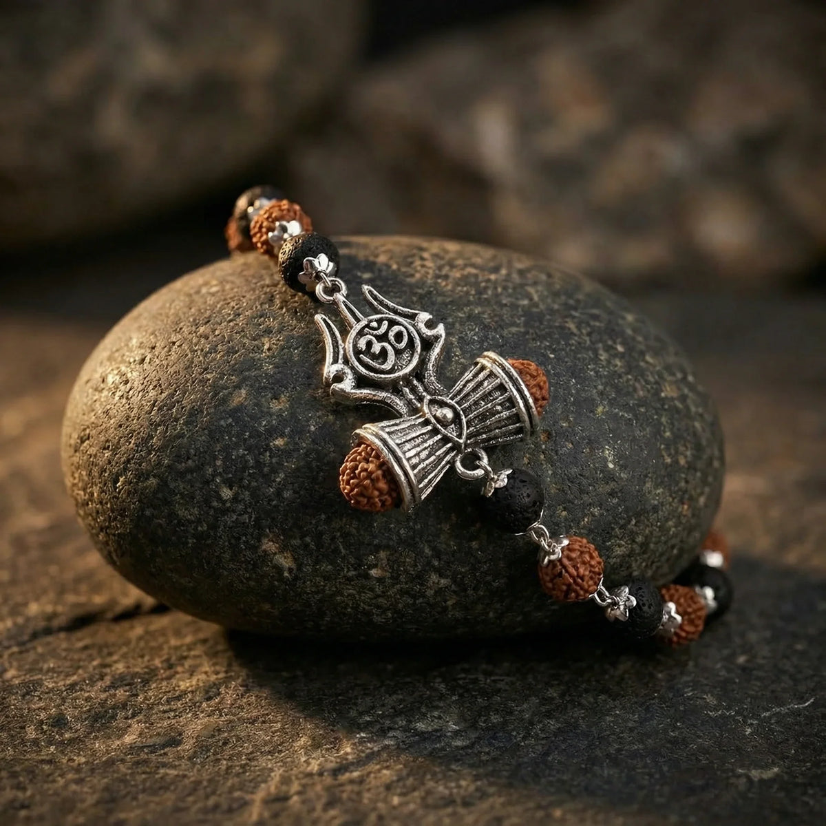 Silver Capped Karungali Rudraksha OM Trishul Damroo Bracelet - view 4