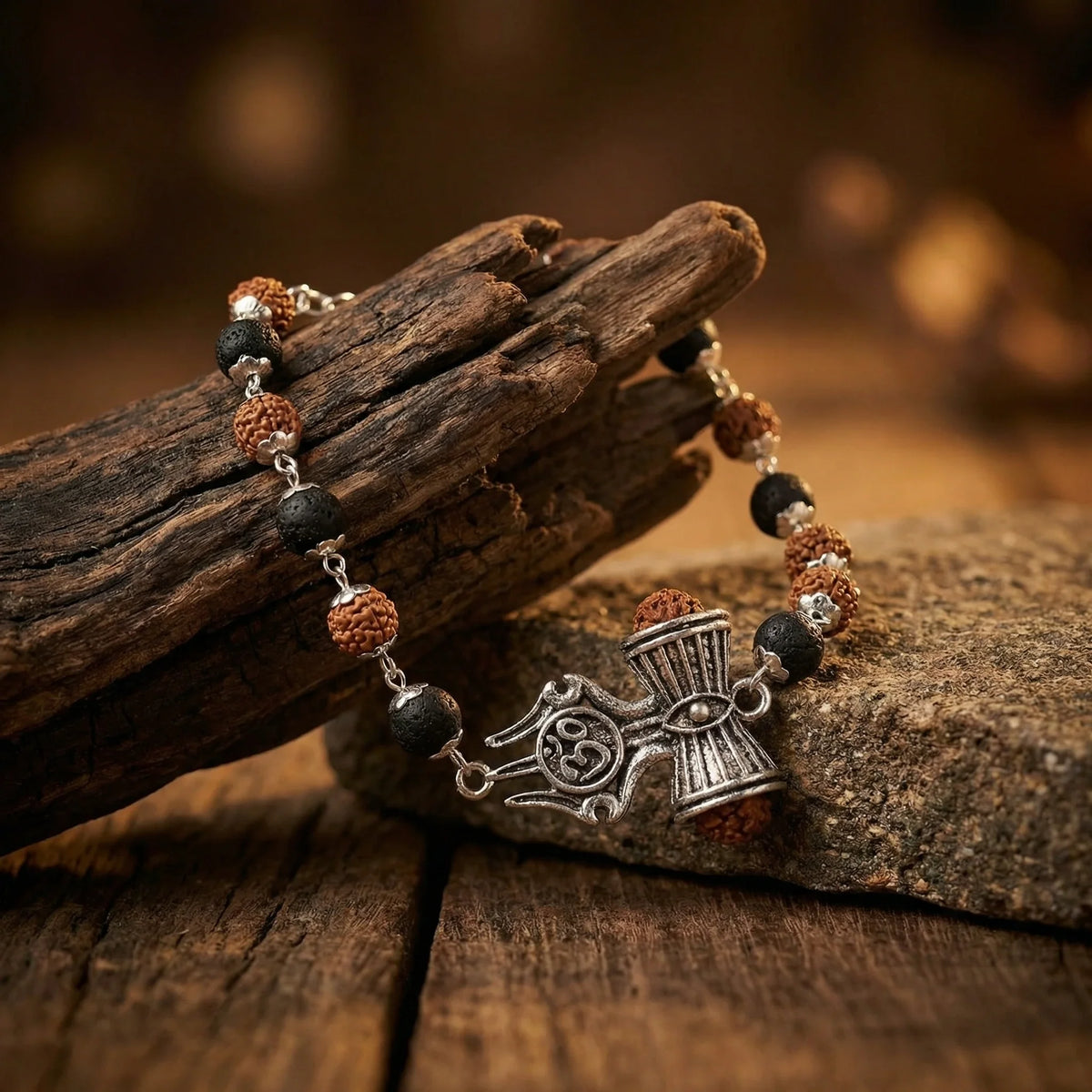 Silver Capped Karungali Rudraksha OM Trishul Damroo Bracelet - view 5
