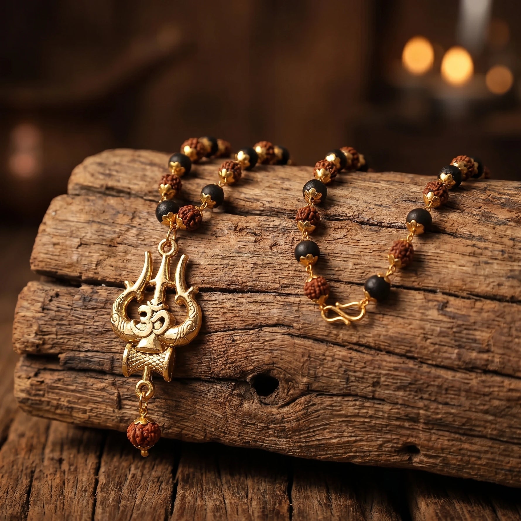 Rudraksha Karungali Malai in Gold-Cap with Shiv Trishul & Rudraksha Pendant - view 2