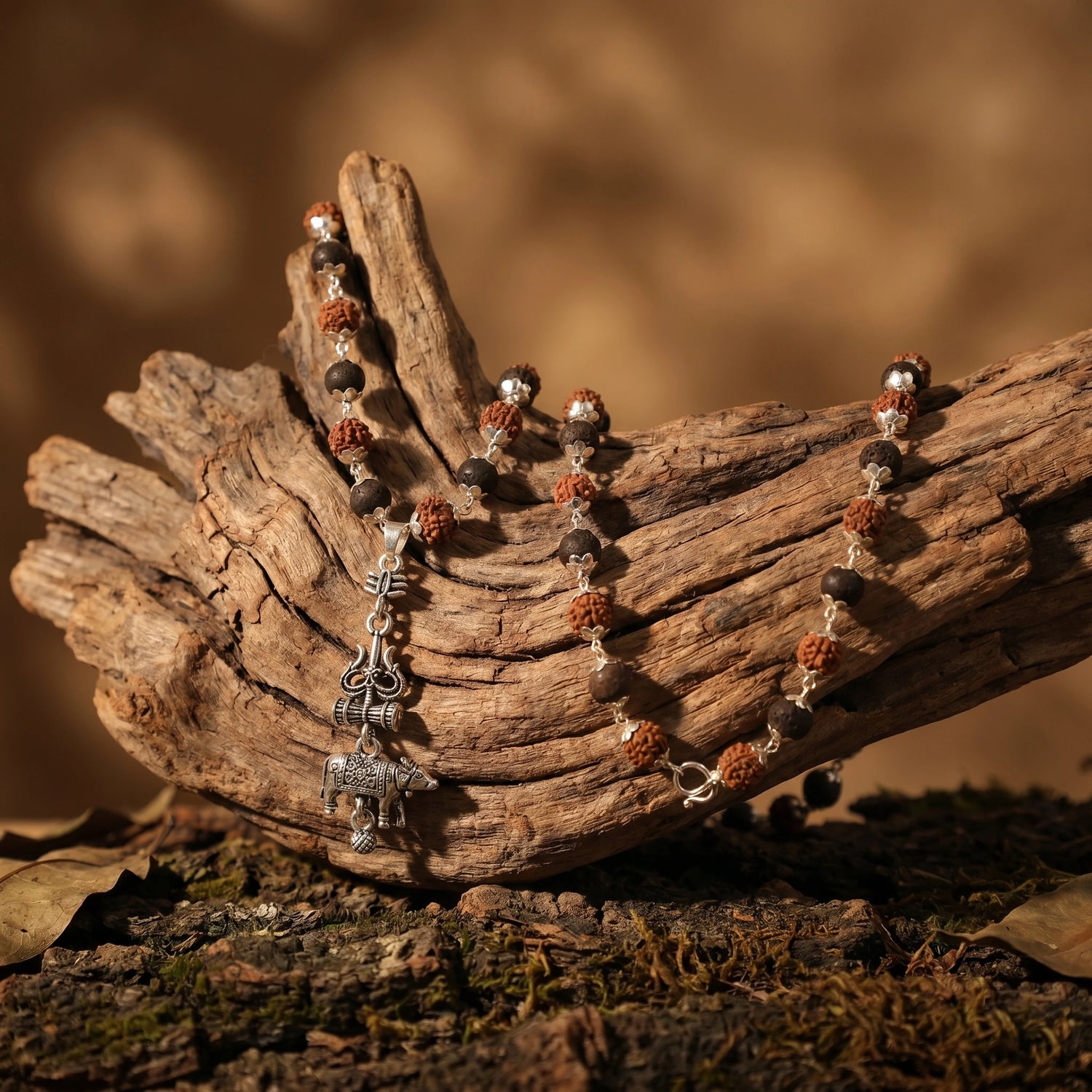 Rudraksha Karungali Malai in Silver-Cap with Shiv Trishul & Nandi Pendant
