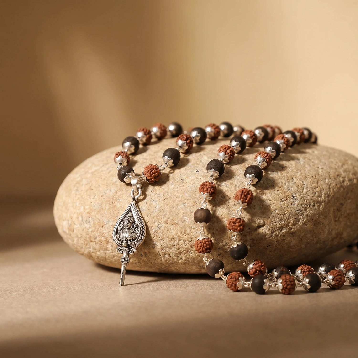 Rudraksha Karungali Malai in Silver-Cap with Lord Murugan Shastra Pendant