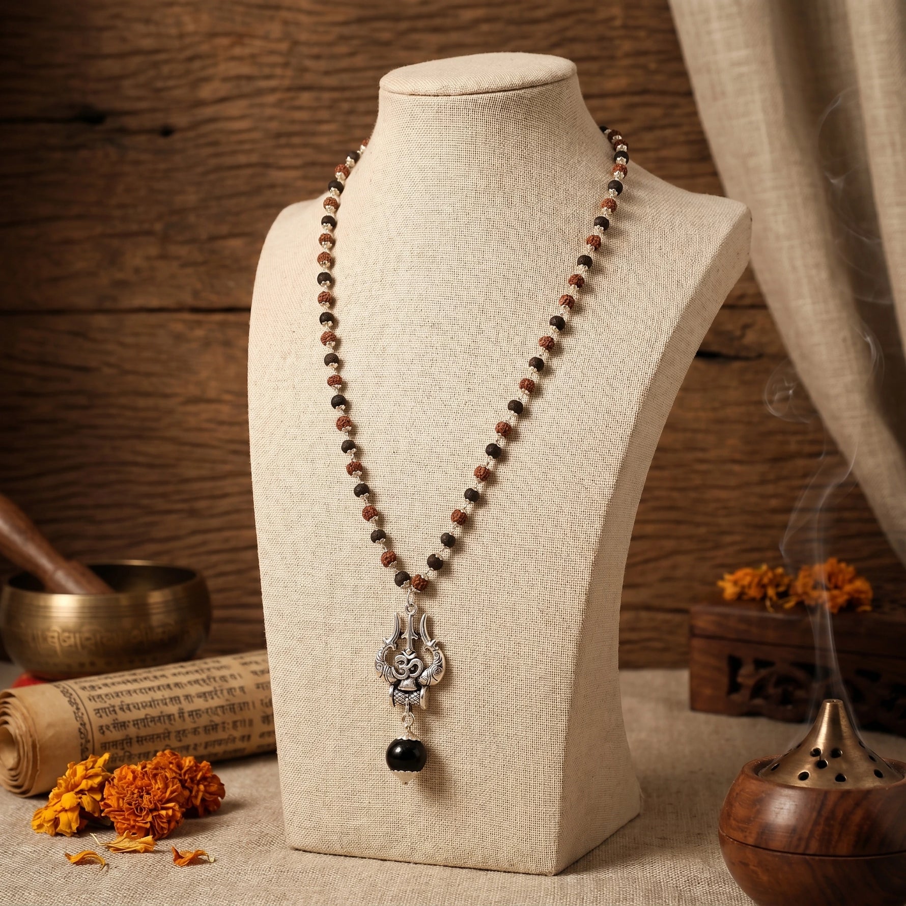 Rudraksha Karungali Malai in Silver-Cap with Om Shiva Trishul with Larger Bead