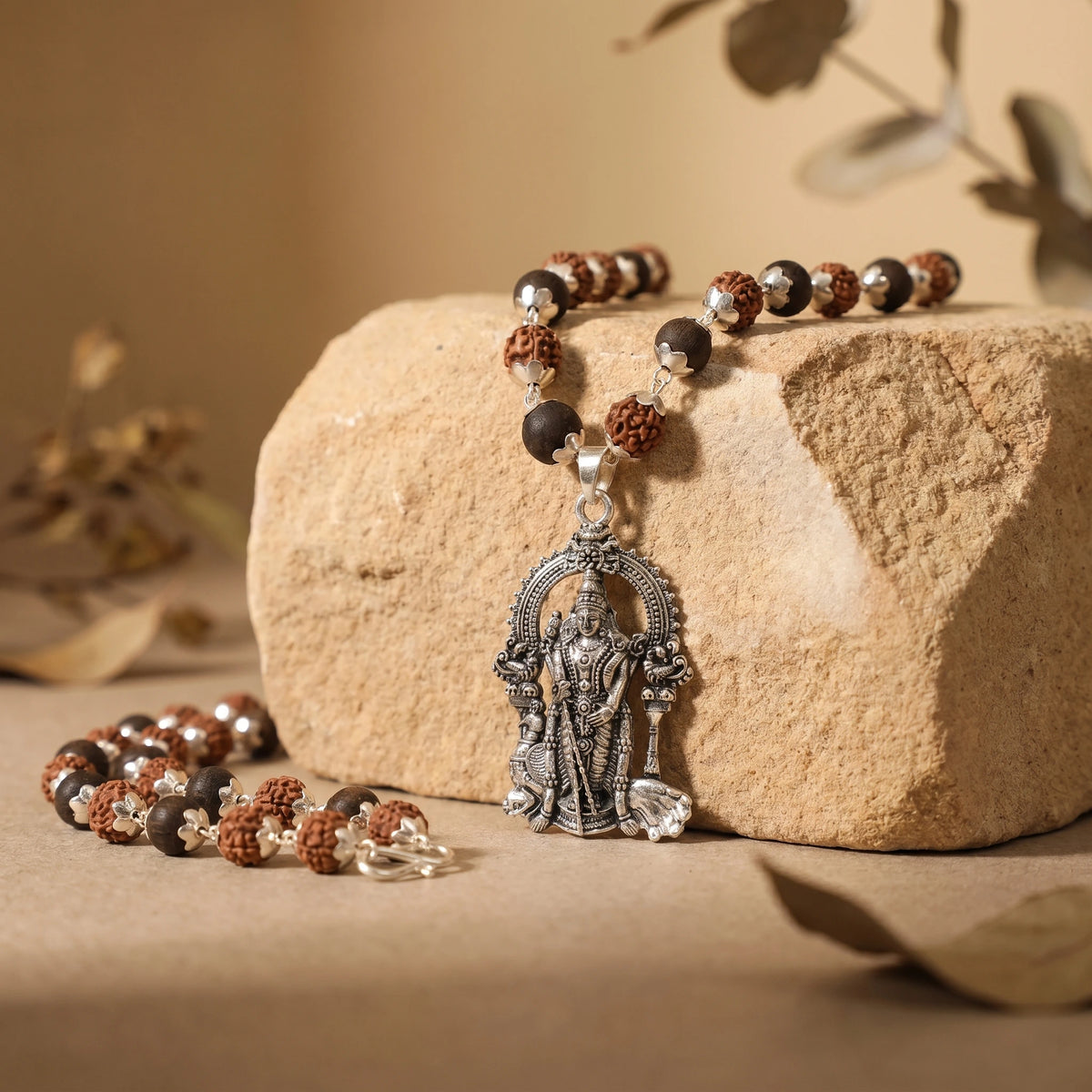Rudraksha Karungali Malai in Silver-Cap with Lord Murugan Pendant
