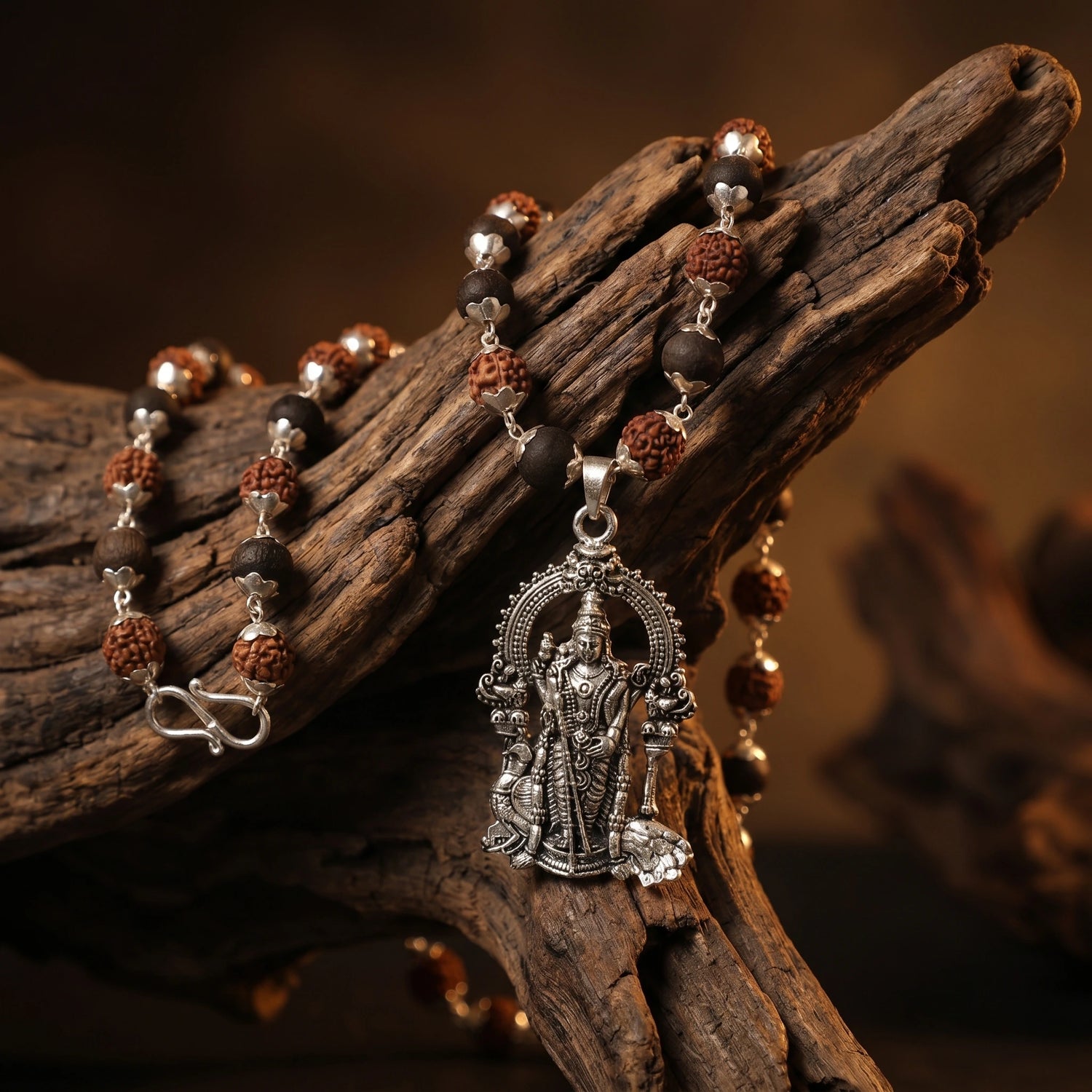 Rudraksha Karungali Malai in Silver-Cap with Lord Murugan Pendant - view 2