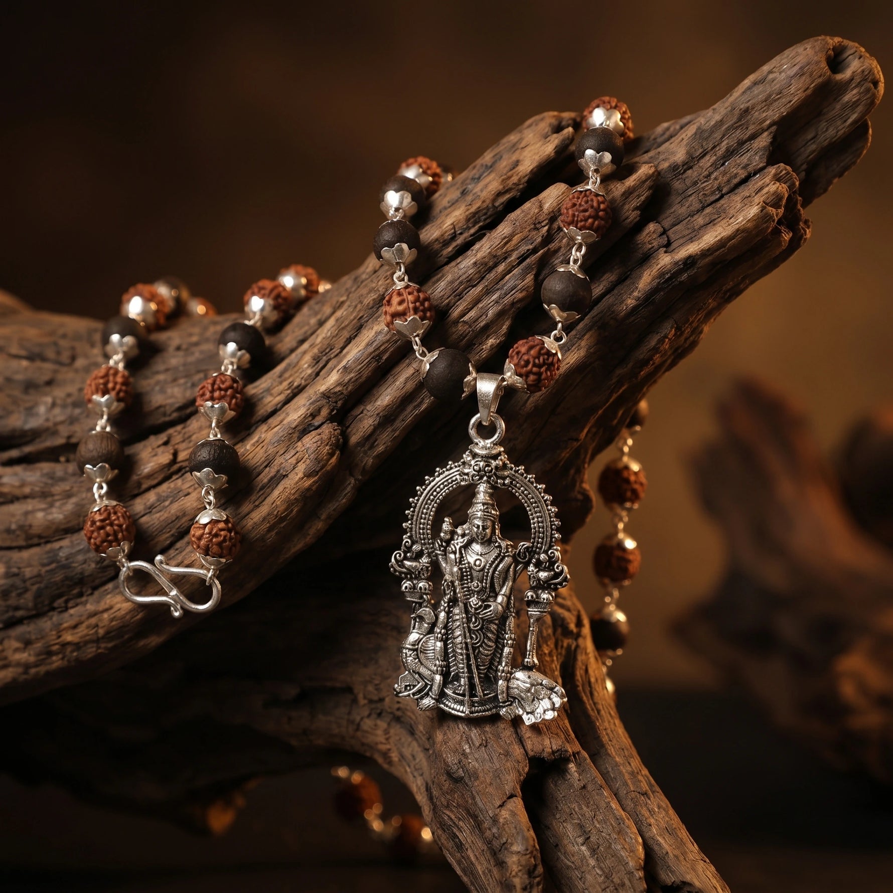Rudraksha Karungali Malai in Silver-Cap with Lord Murugan Pendant - view 2