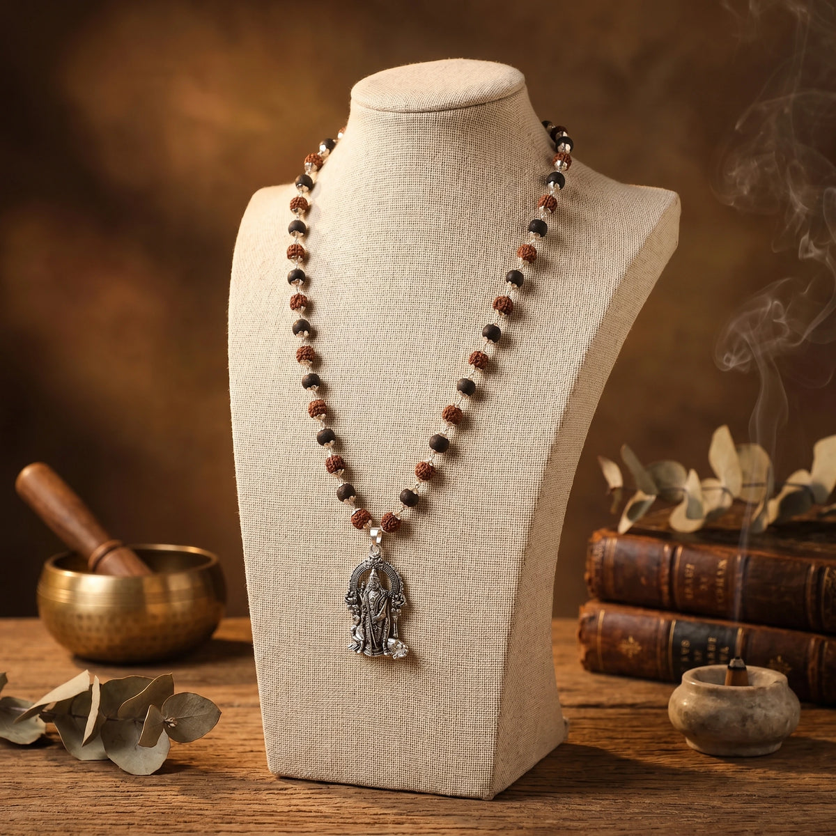 Rudraksha Karungali Malai in Silver-Cap with Lord Murugan Pendant