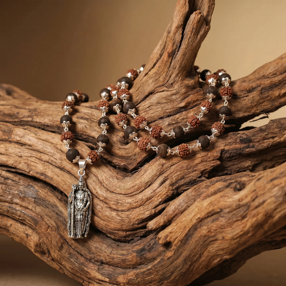 Rudraksha Karungali Malai in Silver-Cap with Murugan Shakti Pendant - view 2