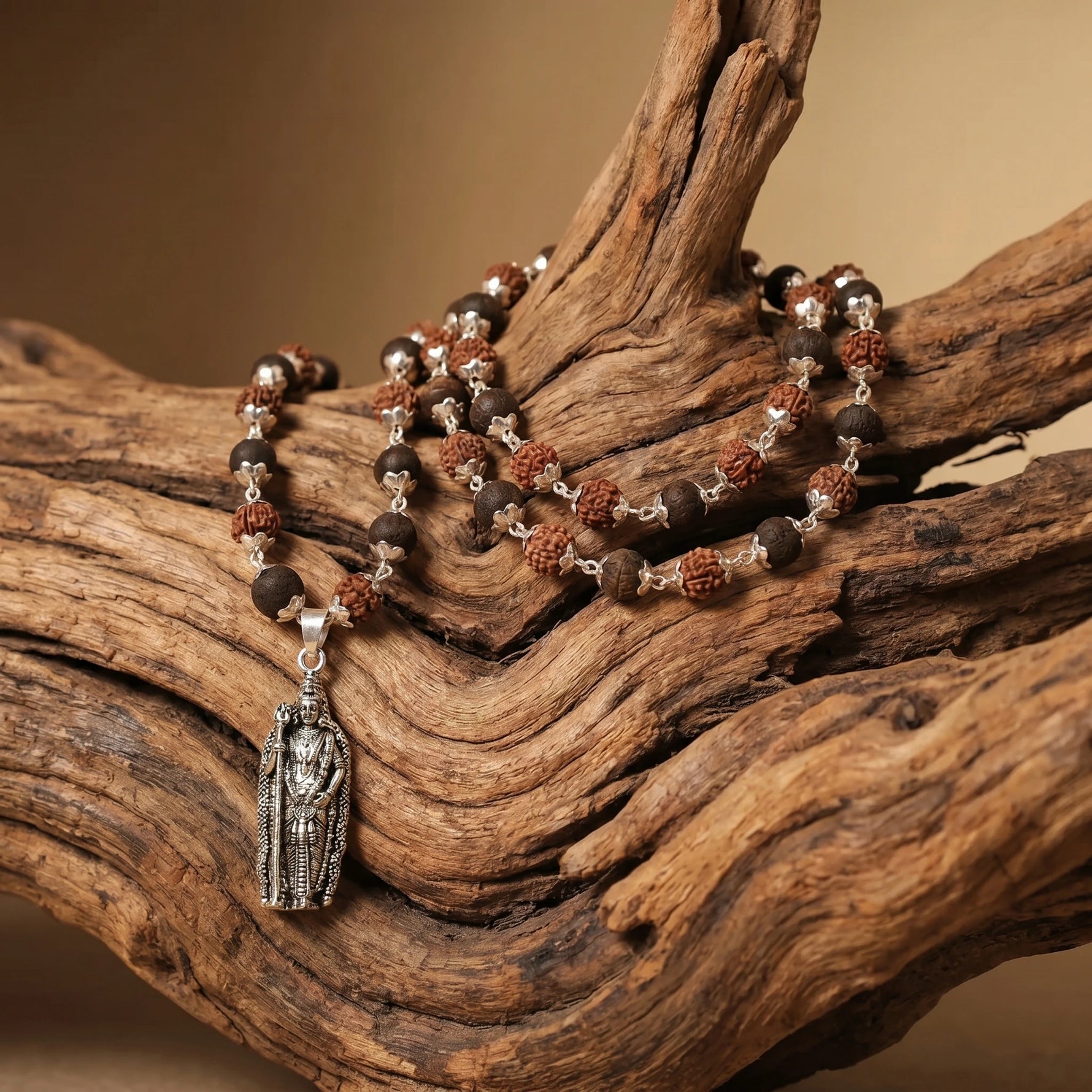 Rudraksha Karungali Malai in Silver-Cap with Murugan Shakti Pendant - view 2