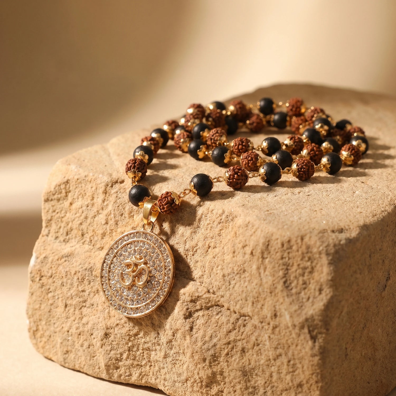 Rudraksha Karungali Malai in Gold-Cap with Om Pendant