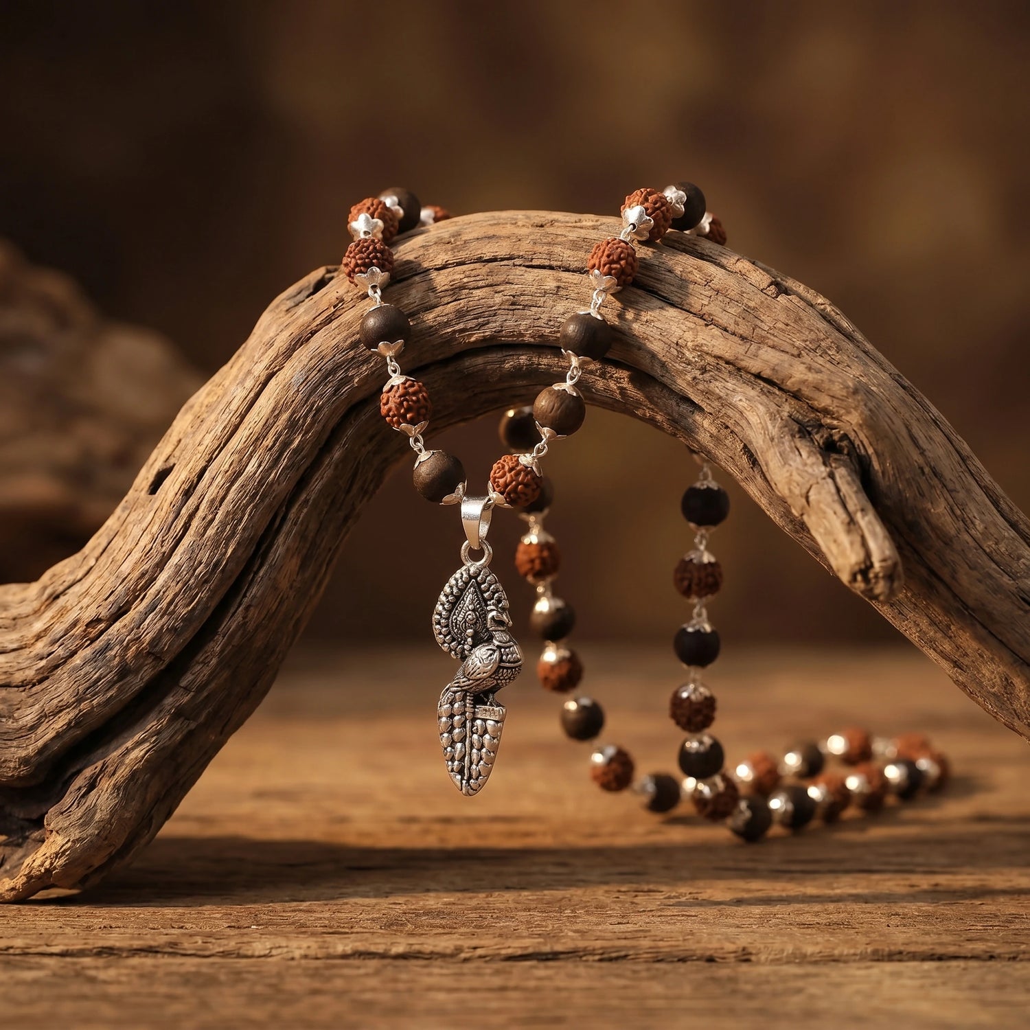 Rudraksha Karungali Malai in Silver-Cap with Vel Peacock Pendant