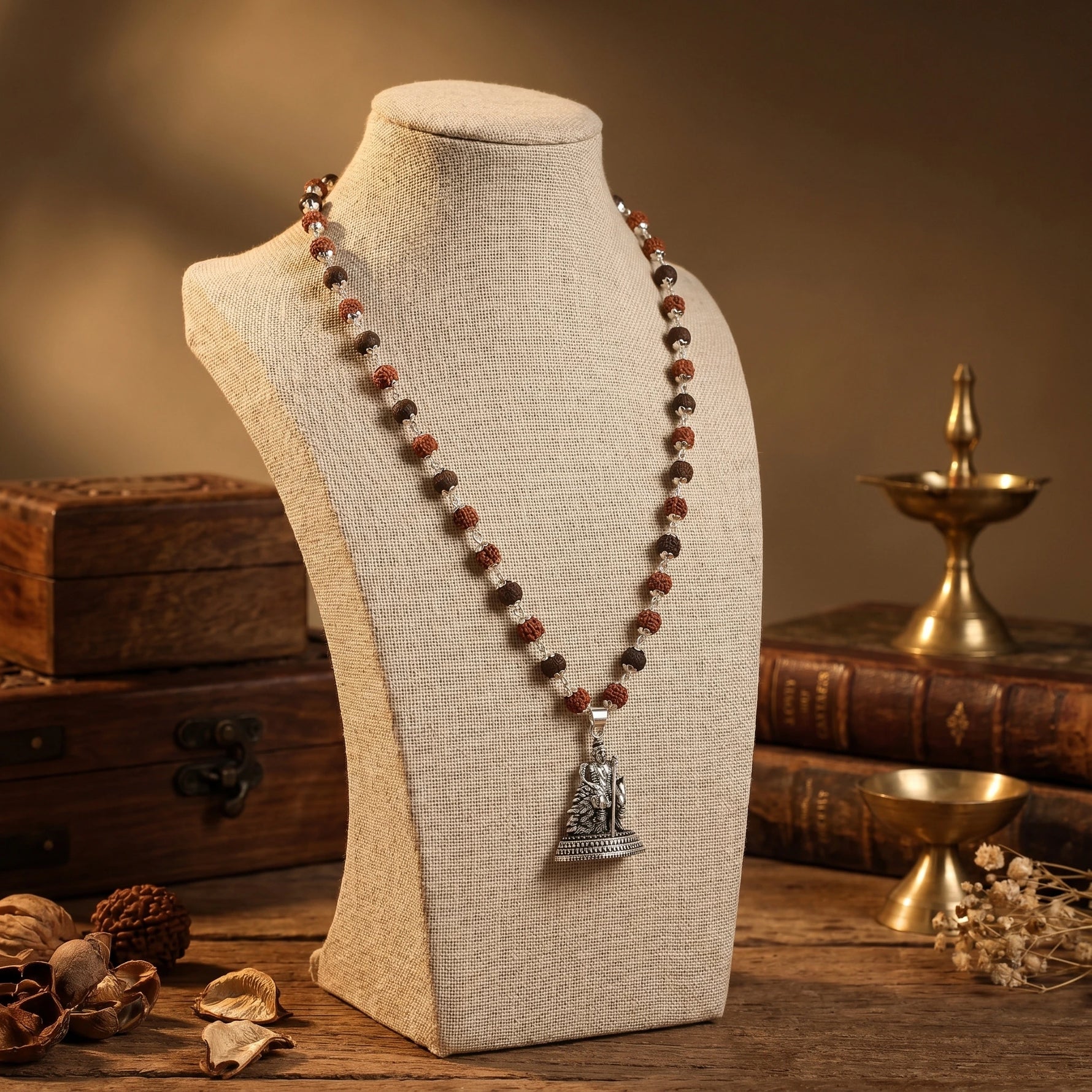 Rudraksha Karungali Malai in Silver-Cap with Lord Murugan with Base