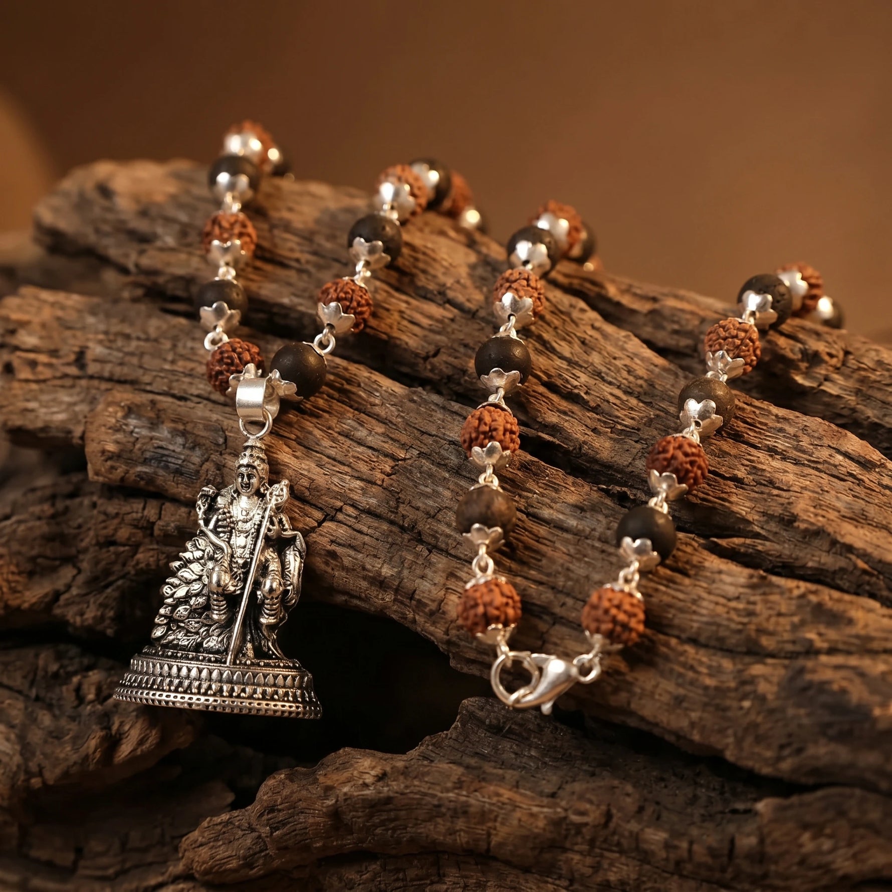 Rudraksha Karungali Malai in Silver-Cap with Lord Murugan with Base - view 2