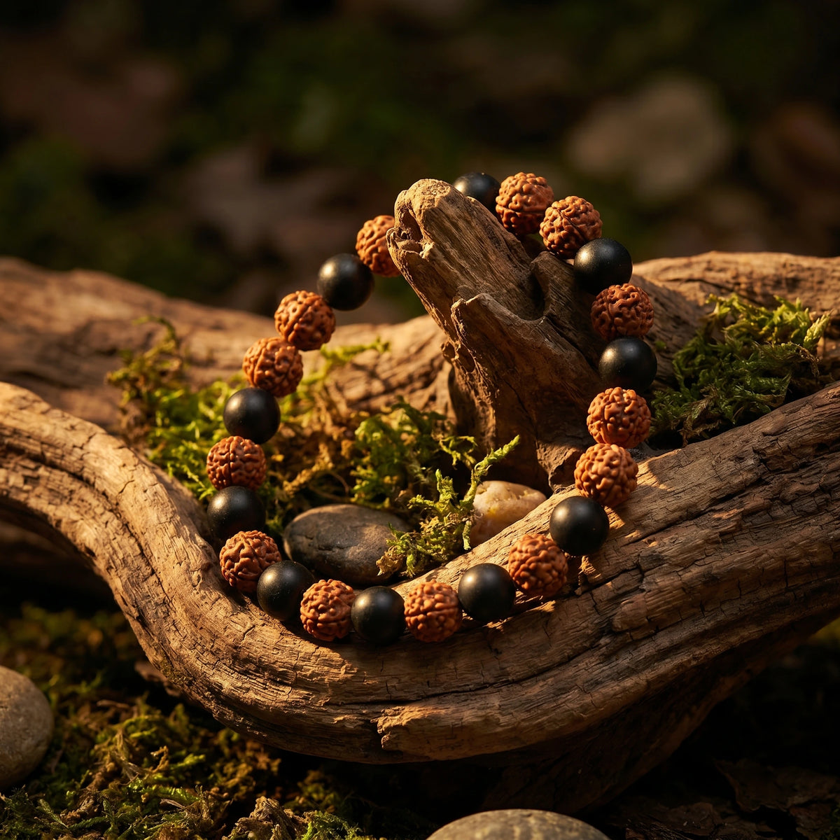 Karungali Rudraksha Bracelet - Natural Ebony Wood & 5 Mukhi Rudraksha Beads - view 2