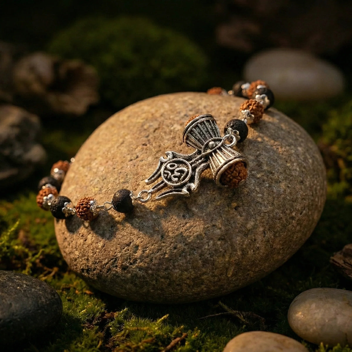 Silver Capped Karungali Rudraksha OM Trishul Damroo Bracelet - view 6