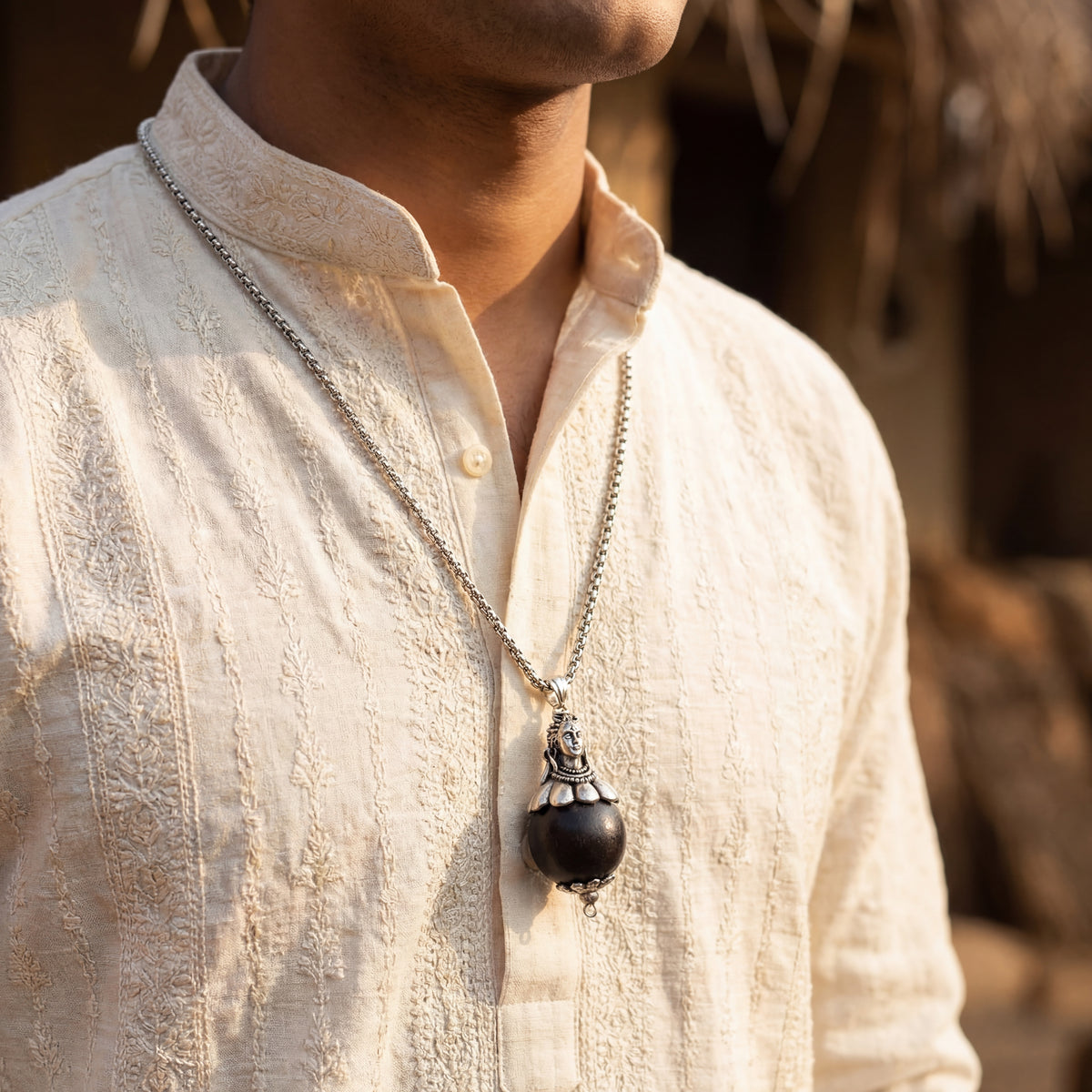 Karungali Bead with Adiyogi Pendant in Silver Chain - view 2