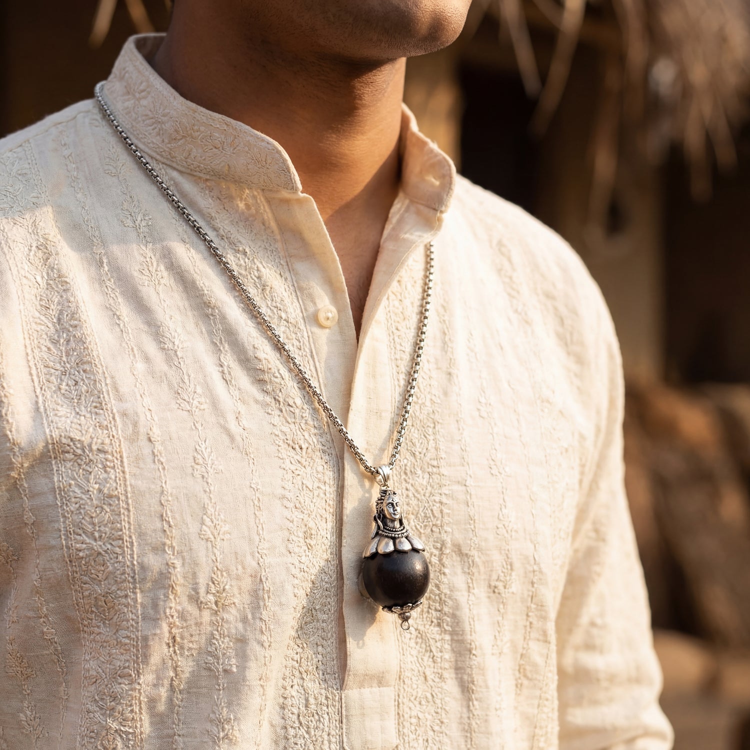 Karungali Bead with Adiyogi Pendant in Silver Chain