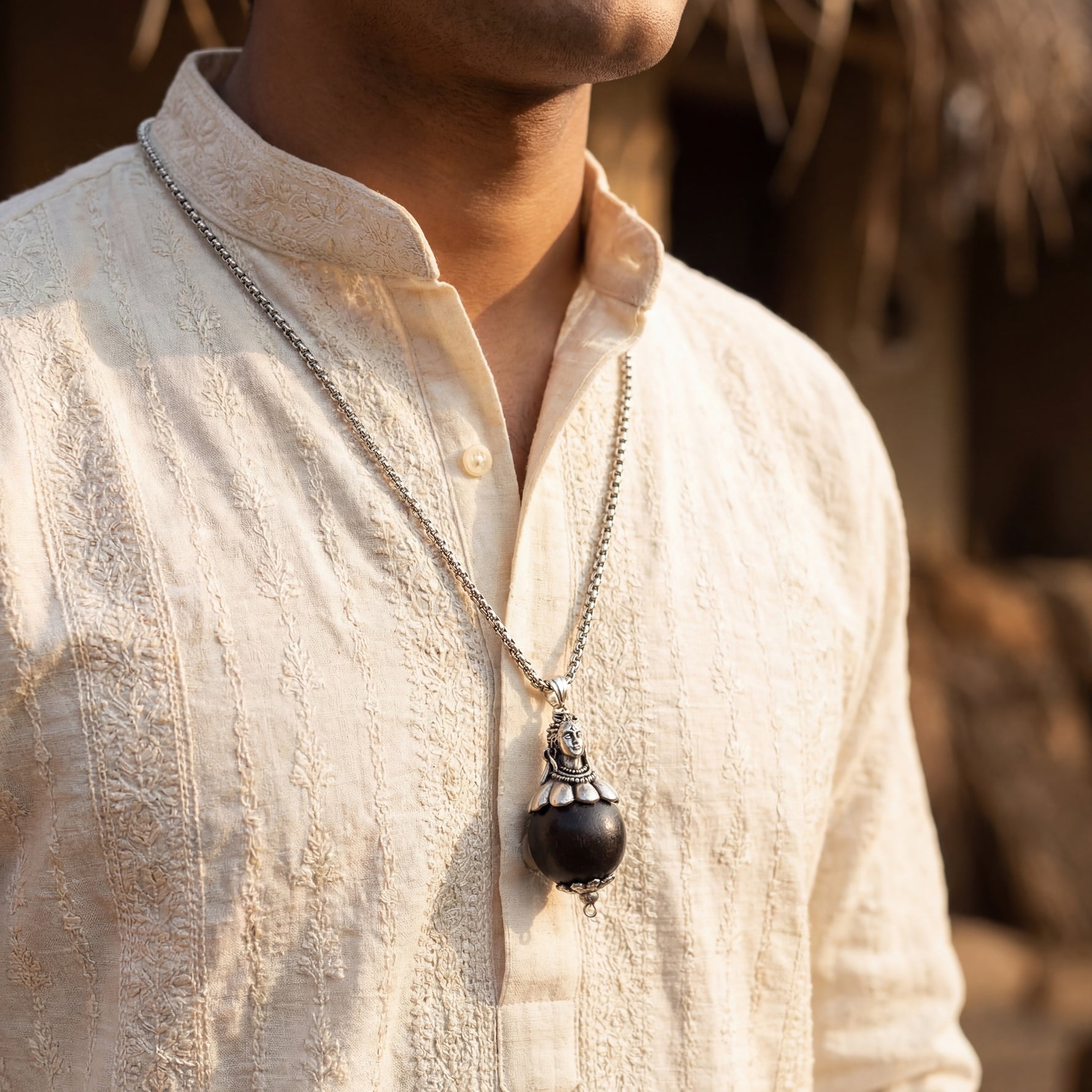 Karungali Bead with Adiyogi Pendant in Silver Chain - view 2
