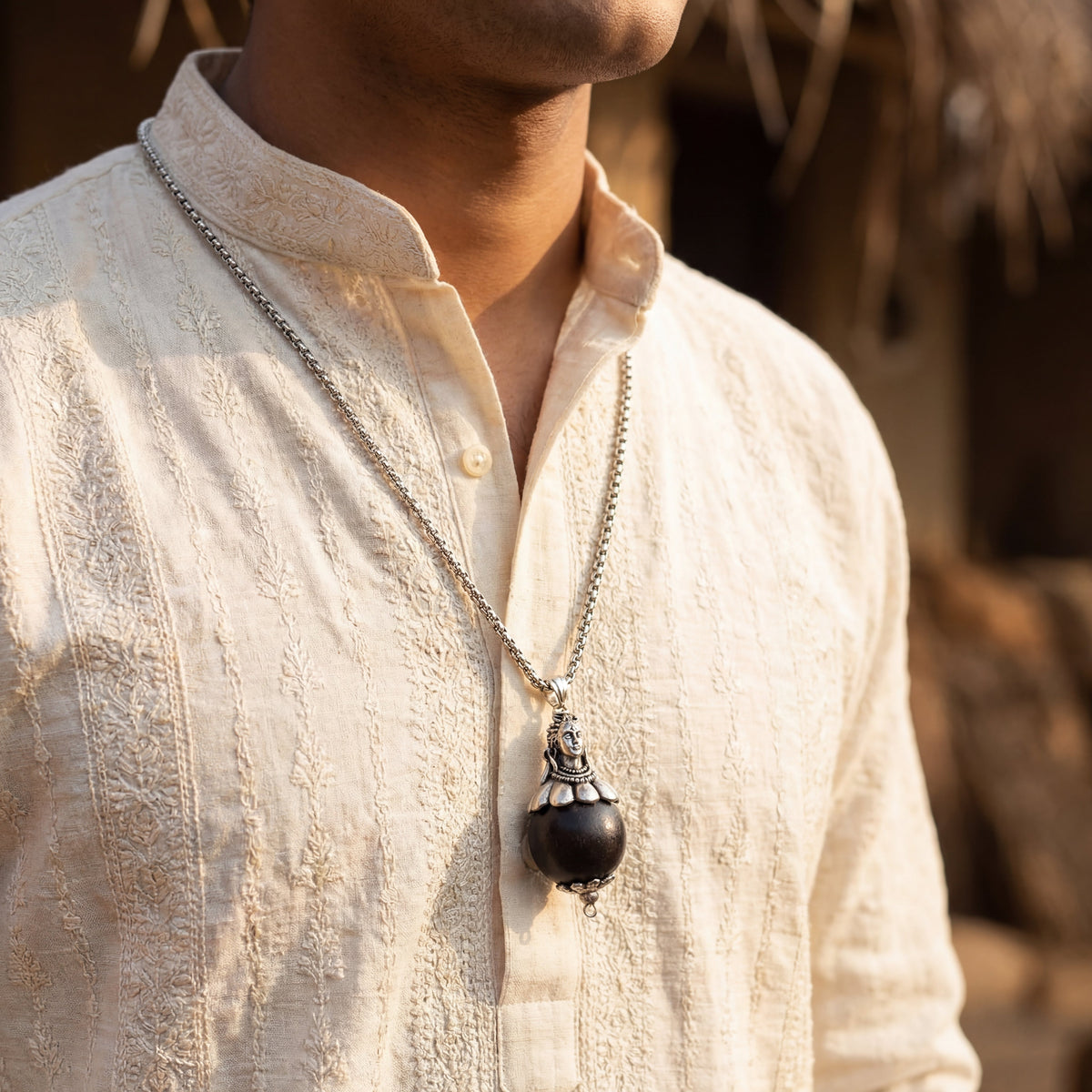 Karungali Bead with Adiyogi Pendant in Silver Chain - view 9