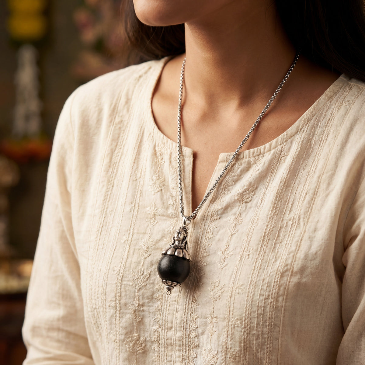 Karungali Bead with Adiyogi Pendant in Silver Chain - view 10